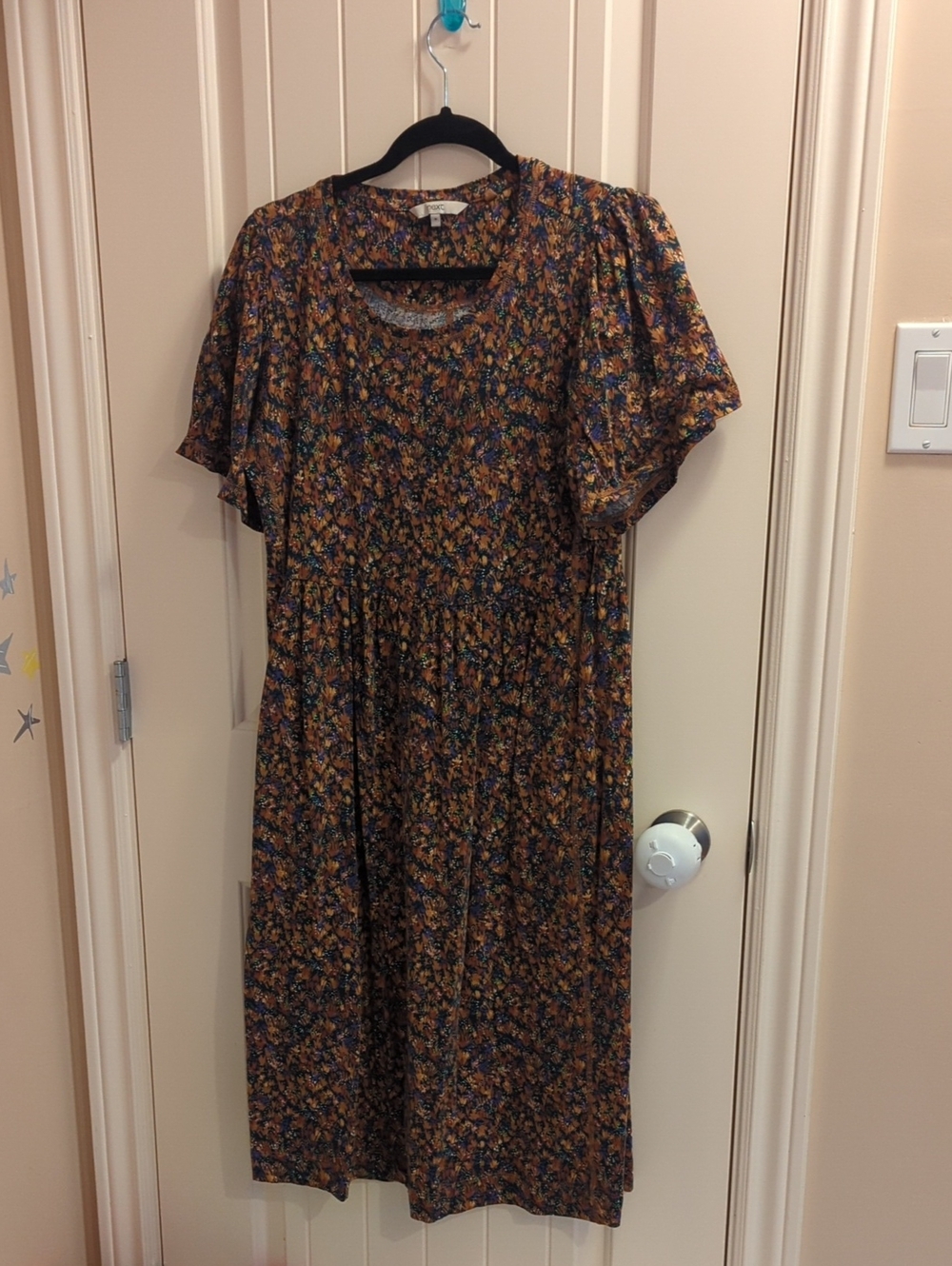 Sz. 14 Next Brown Floral Short-Sleeve Midi Dress